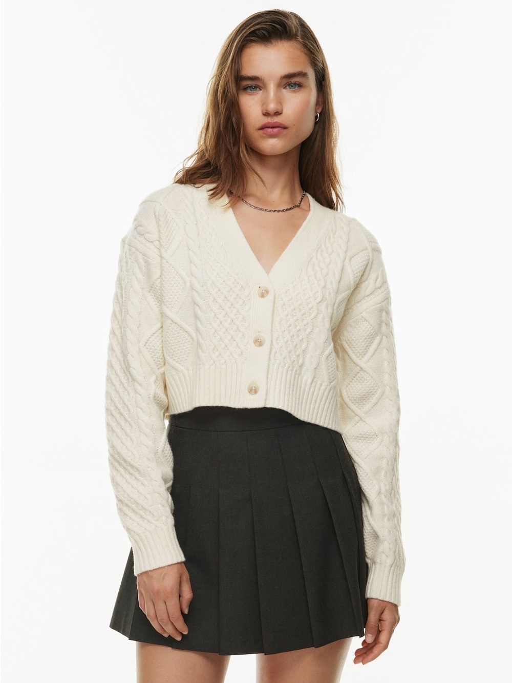 Aritzia Sunday Best Cream Cable-Knit Cropped V-Neck Cardigan